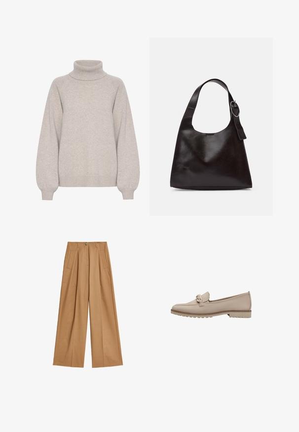 Lys beige højhalset sweater lavet af blødt strikket stof. Har raglanærmer og ribbede manchetter, med en afslappet pasform og minimal detaljer.; Bredde bukser i en lys tan-farve, lavet af glat stof, med to forlommer og en central knaplukning.; Beige læder loafers med en syet søm og dekorativ knude på vristen. Har en struktureret gummisål for greb og let polstring.; Brun læder skuldertaske med en glat tekstur, rund form, bred rem og cirkulært metalaccent på håndtaget.