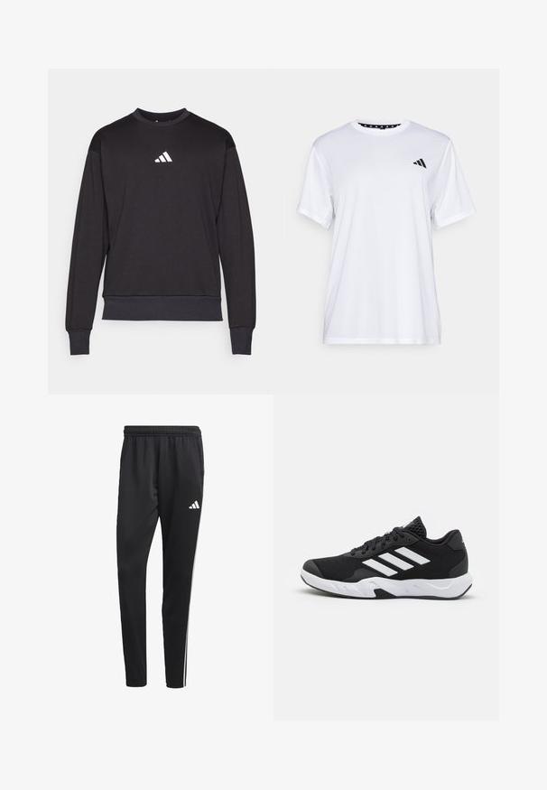 Sweatshirt preto com mangas longas, punhos e bainha canelados; apresenta um logótipo da Adidas em branco no peito, feito de um tecido suave e texturado.; Camiseta atlética branca de mangas curtas, feita de tecido que absorve a humidade. Apresenta um logótipo preto no lado esquerdo do peito e um decote interior com padrão.; Calças de treino pretas com um cós elástico, riscas laterais brancas e um pequeno logotipo branco na coxa. Feitas de um material leve e suave.; Tenis negros desportivos com um superior em malha texturizada, riscas brancas de destaque, sola acolchoada e um calcanhar reforçado para suporte.