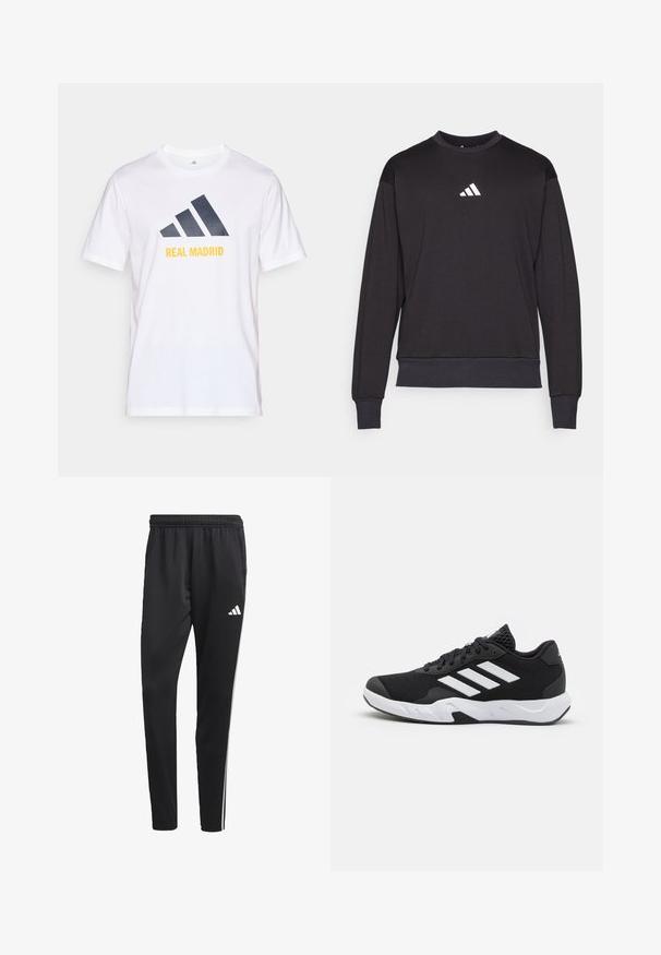 Schwarzer Pullover mit langen Ärmeln, gerippten Bündchen und Saum; verfügt über ein weißes Adidas-Logo auf der Brust und besteht aus weichem, strukturiertem Material.; Weißes Baumwoll-T-Shirt mit einem navyblauen Adidas-Logo und "REAL MADRID" in Gelb unter dem Logo. Kurze Ärmel, Rundhalsausschnitt.; Schwarze Sporthose mit einem dehnbaren Bund, weißen Seitenstreifen und einem kleinen weißen Logo auf dem Oberschenkel. Hergestellt aus einem glatten, leichten Material.; Schwarze Sportschuhe mit einem strukturierten Mesh-Obermaterial, weißen Akzentstreifen, einer gepolsterten Sohle und einer verstärkten Ferse für Unterstützung.