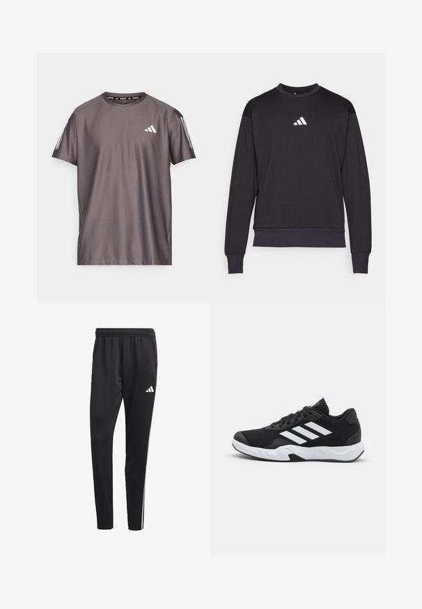 Crna dukserica dugih rukava, s rebrastim manžetama i rubom; na prsima se nalazi bijeli Adidas logo, izrađena od mekog, teksturiranog materijala.; adidas Performance OTR B - Sportska majica - charcoal; Crne atletske hlače s rastezljivim pojasom, bijelim bočnim trakama i malim bijelim logom na bedru. Izrađene su od glatkog, laganog materijala.; Crne atletske cipele s teksturiranim mrežastim gornjim dijelom, bijelim naglasnim trakama, podstavljenim potplatom i ojačanim petom za podršku.