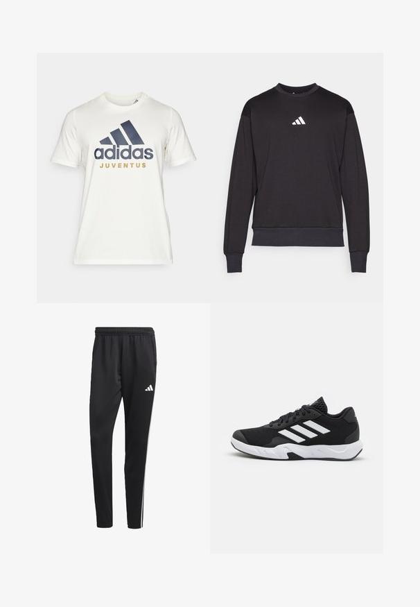 Zwarte sweatshirt met lange mouwen, geribbelde manchetten en zoom; voorzien van een wit Adidas-logo op de borst, gemaakt van zachte, gestructureerde stof.; adidas Performance JUVENTUS TURIN SZN GR TEE - Fanartikel - off-white; Zwarte sportbroek met een rekbare tailleband, witte zijkanten en een klein wit logo op de dij. Gemaakt van een soepele, lichte stof.; Zwarte sportieve schoenen met een geperforeerde mesh bovenkant, witte accentstrepen, een gevoerde zool en een versterkte hiel voor extra ondersteuning.