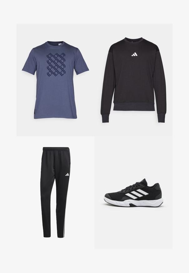 Černá mikina s dlouhými rukávy, žebrovanými manžetami a lemem; má bílé logo Adidas na hrudi, vyrobená z měkké, texturované tkaniny.; adidas Performance JUVENTUS TURIN SZN TEE - Klubové oblečení - trace blue; Černé sportovní kalhoty s elastickým pasem, bílými bočními pruhy a malým bílým logem na stehně. Vyrobené z hladkého, lehkého materiálu.; Černé sportovní boty s texturovaným síťovaným svrškem, bílými akcentními pruhy, polstrovanou podrážkou a vyztuženým patem pro podporu.