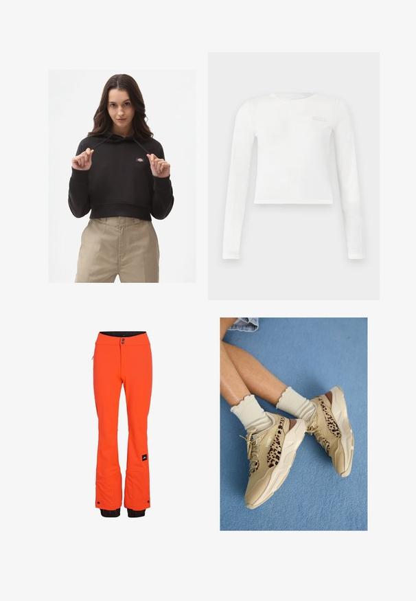 Črna skrajšana kapuca iz mehkega blaga, ki ima sprednji žep in vrvico. Vključuje majhen logotip blagovne znamke na prsih.; Bela dolga majica s kratkimi rokavi in izrezom za vrat s subtilnim embosiranim logotipom na levem prsnem delu in oprijetimi rokavi.; Svetlo oranžne smučarske hlače ožjega kroja z žepom na zadrgo, ojačanimi manšetami in nastavljivimi gumbi v pasu. Črna notranja podlaga.; Puma CASSIA ROSE I AM THE DRAMA - Športni copati - sugared almond/black/brown mushroom