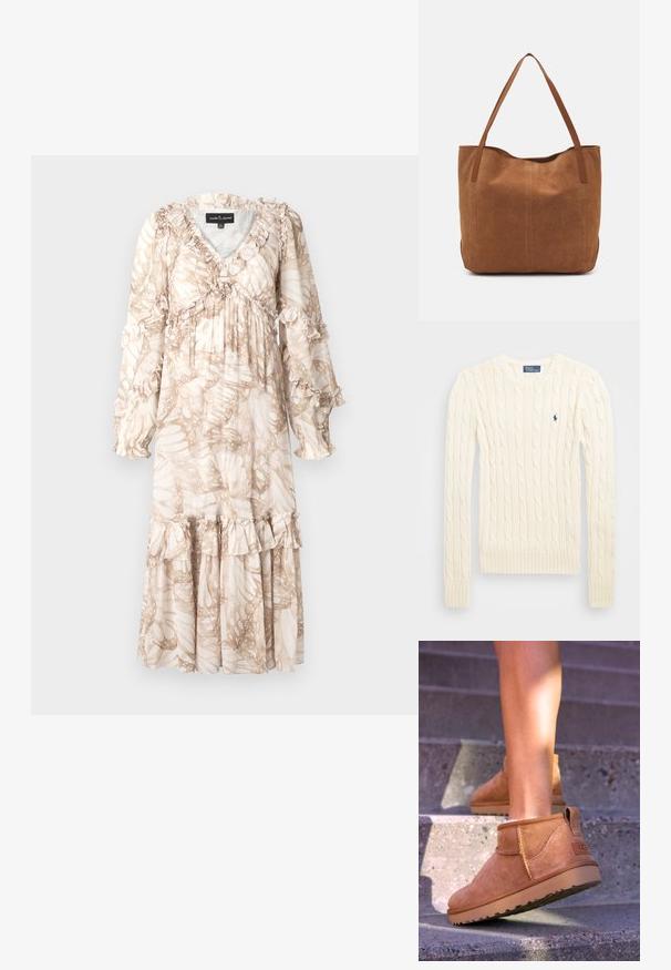 Krem pulover s pletenim kabelskim uzorkom, dugih rukava, s rebrastim manžetama i rubom, s malim izvezenim logotipom na lijevoj strani prsiju.; Duga, lepršava haljina u svijetlosmeđoj boji s uzorkom nalik na lišće. Ima volane na rukavima i rubu. Izrađena je od lagane tkanine.; Smešane čizme od tan velura s mekim tekstilom, sa šavnim detaljima i gumenim đonom, te petom s petljom za lako obuvanje.; Smeđi nubuk torba s dugim ručkama, s glatkom teksturom, jednostavnim dizajnom i bez vidljivih metalnih dijelova ili akcenata.