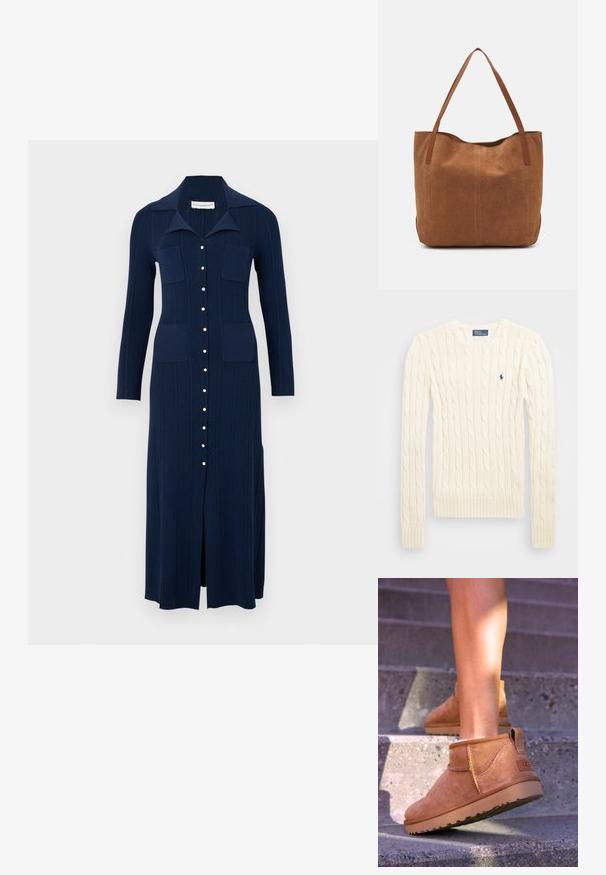 Kreminė megzta palaidinė su ilgomis rankovėmis, gumbuotais rankogaliais ir apačia, su nedideliu išsiuvinėtų logotipu kairiajame krūtinės kampe.; Tamsiai mėlyna megzta suknelė su apykakle, priekiniais mygtukais ir dviem krūtinės kišenėmis. Ji turi vertikalią raukšlėtą tekstūrą ir priekinį įlanką, leidžiantį laisvai judėti.; Samaniniai suknelės auliniai batai su minkšta tekstūra, siūlės detalėmis ir guminiu padu, su kilpiniu kulnu, kad būtų patogu užsivilkti.; Ruda zomšos pasukta rankinė su dviem ilgomis rankenomis, pasižyminti lygiu paviršiumi, paprastu dizainu ir be matomų detalių ar akcentų.