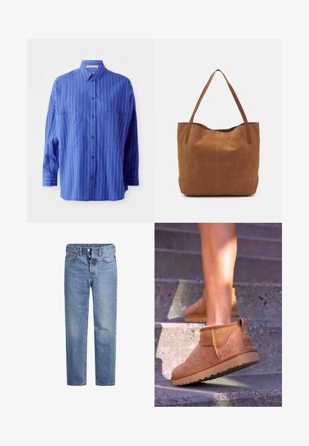 Maglione crema a costine con maniche lunghe, polsini e orlo a coste, caratterizzato da un piccolo logo ricamato sul lato sinistro del petto.; Camicia azzurra con bottoni e righe bianche, dotata di colletto, maniche lunghe e due tasche frontali. Tessuto liscio con una vestibilità leggermente ampia.; Jeans in denim blu chiaro con taglio dritto, design a cinque tasche e chiusura con bottone. Presentano una leggera sbiaditura e dettagli in cucitura arancione.; Stivali alla caviglia in suede beige con una consistenza morbida, dettagli cuciti e suola in gomma, dotati di un tacco ad anello per una facile vestibilità.; Borsa a spalla in suede marrone con due manici lunghi, caratterizzata da una texture liscia, design semplice e senza hardware o dettagli visibili.