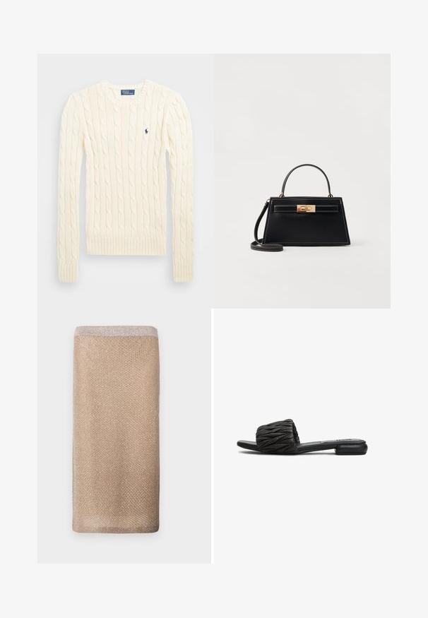 Crème kabelbreiselsweater met lange mouwen, geribbelde manchetten en zoom, met een klein geborduurd logo op de linkerkant van de borst.; Beige gebreide sjaal met een subtiele glans, textuurafwerking en een lichter gekleurd randje aan de bovenrand. Huidige vorm.; Zwarte slipper met een gewatteerde bovenkant, platte zool en minimalistisch ontwerp. Gemaakt van synthetisch materiaal met een gladde textuur en zonder zichtbare hardware.; Zwarte leren handtas met een gestructureerde trapeziumvorm, gouden slot en contrasterende witte stiksels. Inclusief een korte handgreep en een lange schouderriem.