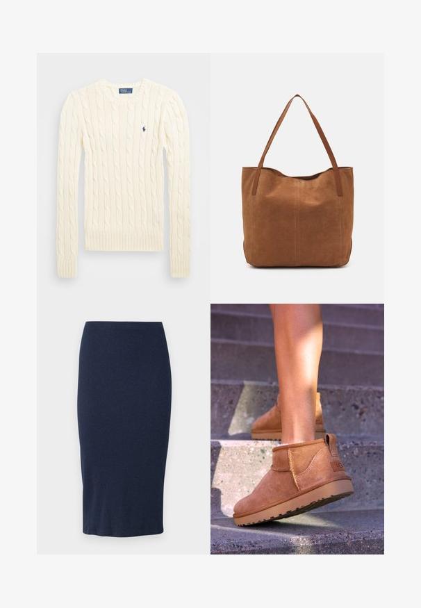 Krems krāsas adīts džempers ar garām piedurknēm, ribotām aprocēm un apakšmalu, ar nelielu izšūtu logotipu kreisajā krūtī.; Trikotāžas zīmuļu svārki tumši zilo krāsā, ar piegulošu siluetu, vidus teļu garumu un gludu tekstūru vienkāršā, vienkrāsainā dizainā.; Dzeltenbrūnas zamšādas potīšu zābaciņi ar mīkstu tekstūru, izšūtu apdari un gumijas zoli, kas aprīkoti ar cilpu uz papēža ērtai uzvilkšanai.; Brūns zamša tote somas ar divām garām rokturiem, ar gludu tekstūru, vienkāršu dizainu un bez redzamām aparatūrām vai akcentiem.