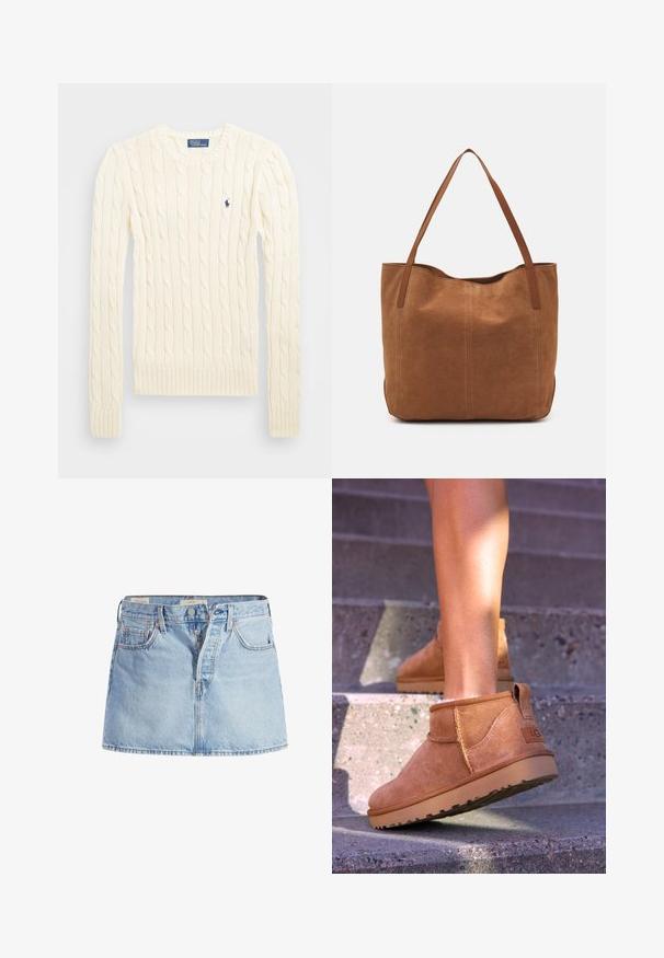 Kremfarget cable-knit genser med lange ermer, ribbede mansjetter og hem, med en liten brodert logo på venstre bryst.; Lys blå denimskjørt med tettsittende liv, fem-lomme-design, frontknapplukking og subtil falming gjennom hele stoffet.; Brune sued støvletter til ankelen med en myk tekstur, sydet detaljer og gummisåle, med en løkket hæl for enkel påkledning.; Brun semsketotebag med to lange håndtak, som har en glatt tekstur, enkelt design, og ingen synlig maskinvare eller aksenter.