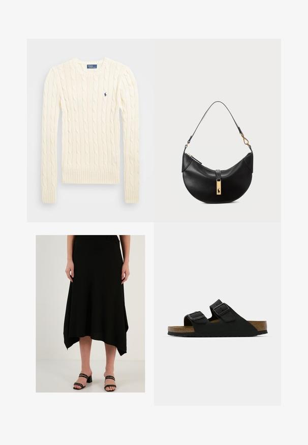 Krémový sveter s pleteným vzorom, dlhé rukávy, rebrované manžety a spodný lem, s malým vyšitým logom na ľavej hrudi.; Čierna midi sukňa s textúrovanou tkaninou, asymetrickým lemom a splývavým dizajnom. Vytvorená v kombinácii s čiernymi sandálmi na podpätku.; Čierne sandále s dvoma nastaviteľnými prackami, korkovou stielkou a textúrovanou gumovou podrážkou. Dôraz na minimalistický dizajn a otvorenú špičku.; Čierna kožená kabelka v tvare polmesiaca. Obsahuje zlaté kovové doplnky a úzku rúčku. Hladká textúra, zips na vrchu.