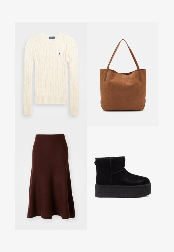 Maglione crema a costine con maniche lunghe, polsini e orlo a coste, caratterizzato da un piccolo logo ricamato sul lato sinistro del petto.; Gonna in merino marrone, forma ad A, texture liscia, lunghezza al ginocchio con orlo svasato, cuciture minime, adatta per abbigliamento casual.; Stivaletti alla caviglia in suede nero con una suola piatta robusta e un rivestimento morbido. Finiti con dettagli di cucitura e una linguetta posteriore per indossarli facilmente.; Borsa a spalla in suede marrone con due manici lunghi, caratterizzata da una texture liscia, design semplice e senza hardware o dettagli visibili.