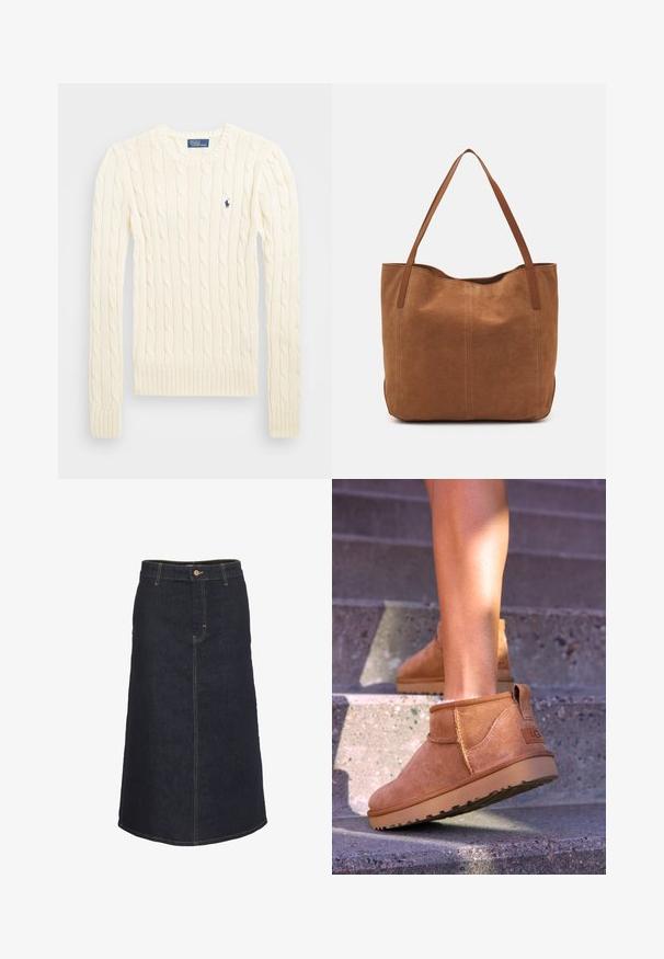 Krem pulover s kablom in dolgimi rokavi, žebljarji na manšetah in ob robu, vsebuje majhen izvezen logotip na levem prsnem delu.; Temno modra midi krila z ravno silhueto, ki ima sprednje zapiranje na gumbe in kontrastni rumeni šiv.; Svetlosive nobuck gležnjarji z mehko teksturo, všitimi detajli in gumijastim podplatom, z zanko na peti za enostavno obuvanje.; Rjava nubuk torba z dvema dolgima ročajema, ki ima gladko teksturo, preprost dizajn in brez vidnih kovinskih delov ali okrasov.