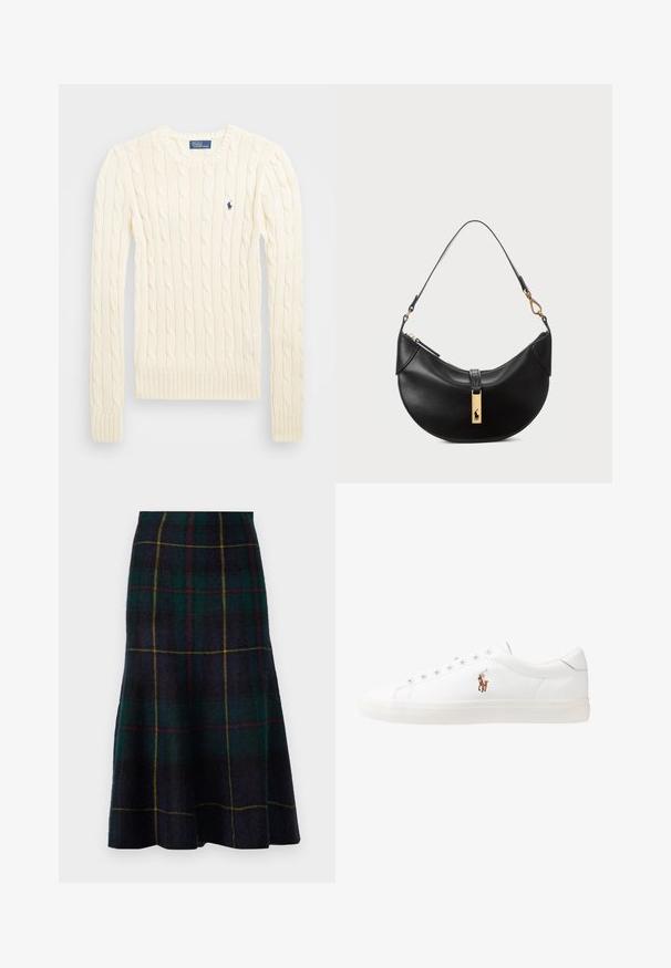 Krém színű, kabelmintás pulóver hosszú ujjal, bordás mandzsettával és aljjal, bal mellen egy kis hímzett logóval.; Polo Ralph Lauren A LINE SKIRT - A-vonalú szoknya - navy plaid; Fehér bőr sportcipők, alacsony fazonban, sima textúrával, kerek orral, fűzős előlappal és egy kis hímezett logóval az oldalon.; Fekete bőr kézitáska félhold alakú formában. Aranyszínű fémrészekkel és keskeny pánttal rendelkezik. Simább felület, cipzáras záródás a tetején.