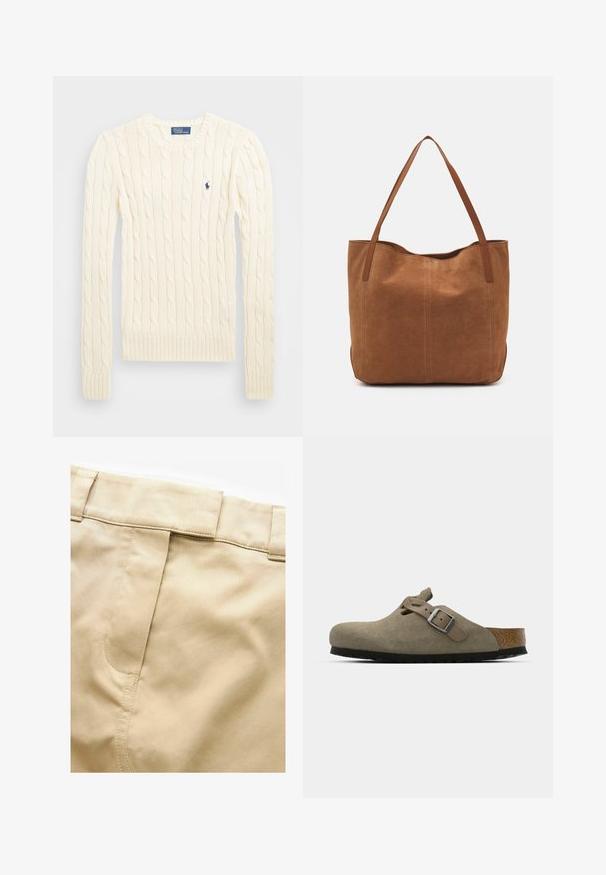 Kreminė megzta palaidinė su ilgomis rankovėmis, gumbuotais rankogaliais ir apačia, su nedideliu išsiuvinėtų logotipu kairiajame krūtinės kampe.; Next UTILITY REGULAR FIT - Maksi sijonas - stone; Šviesiai alyvuogių spalvos zomšiniai klumpės su formuotu kamštiniu ir guminiu padu. Turi šoninę diržą su metaliniu segtuku ir suapvalintu pirštu.; Ruda zomšos pasukta rankinė su dviem ilgomis rankenomis, pasižyminti lygiu paviršiumi, paprastu dizainu ir be matomų detalių ar akcentų.