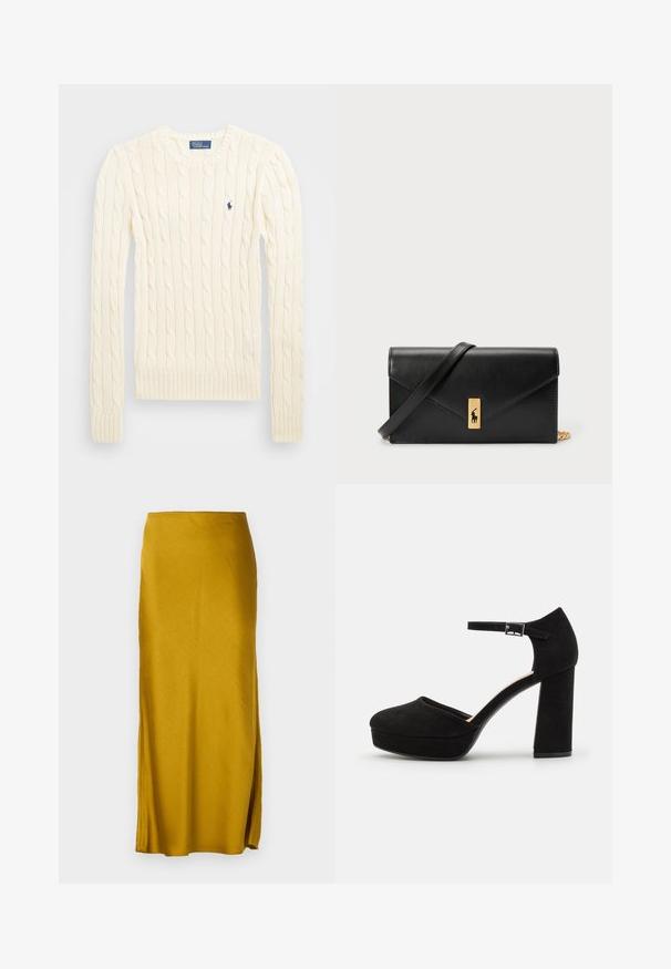 Krémový svetr s pleteným vzorem, dlouhými rukávy, žebrovanými manžetami a lemem, se malým vyšívaným logem na levé hrudi.; Hořčičná žlutá maxi sukně z hladkého materiálu se přímým střihem. Obsahuje boční rozparek a elastický pas.; Černé zamšové platformové podpatky s širokým blokovým podpatkem, zaoblenou špičkou a kotníkovým páskem, který je zajištěn kovovou sponou. Hladký povrch po celém obvodu.; Černá kožená peněženka s překlopným víkem, zlatými prvky a logem. Obsahuje odnímatelný popruh pro nošení.