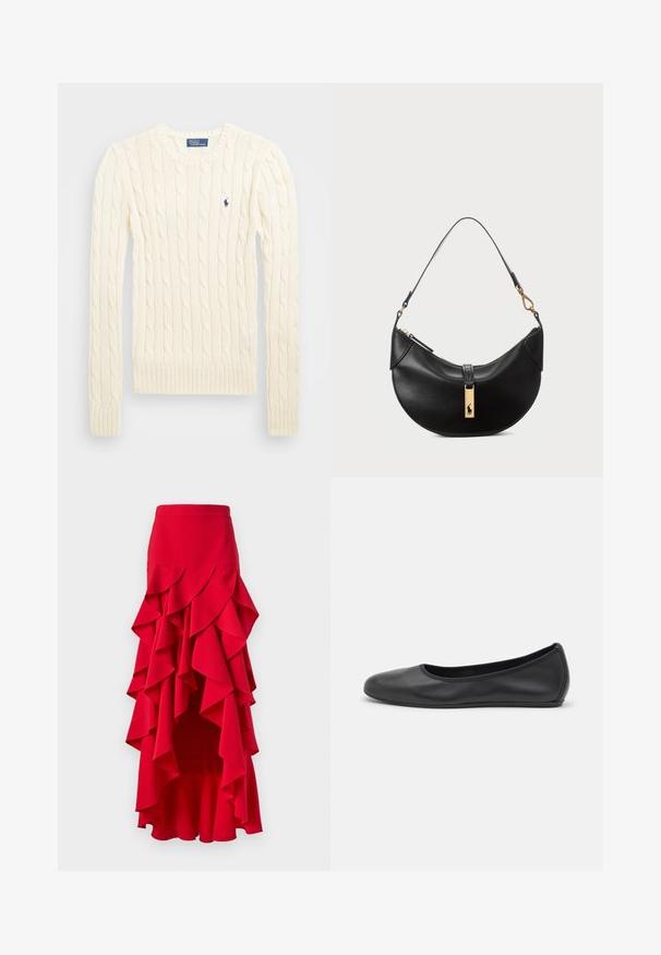 Krémový sveter s pleteným vzorom, dlhé rukávy, rebrované manžety a spodný lem, s malým vyšitým logom na ľavej hrudi.; Červená volánová sukňa s vysokým a nízkym lemom. Obsahuje vrstvené volány pozdĺž pásu a bokov, vyrobená z hladkej tkaniny. Elastický pás.; Čierne kožené baleríny s okrúhlou špičkou, hladkým povrchom, minimálnym prešívaním a flexibilným dizajnom podrážky.; Čierna kožená kabelka v tvare polmesiaca. Obsahuje zlaté kovové doplnky a úzku rúčku. Hladká textúra, zips na vrchu.