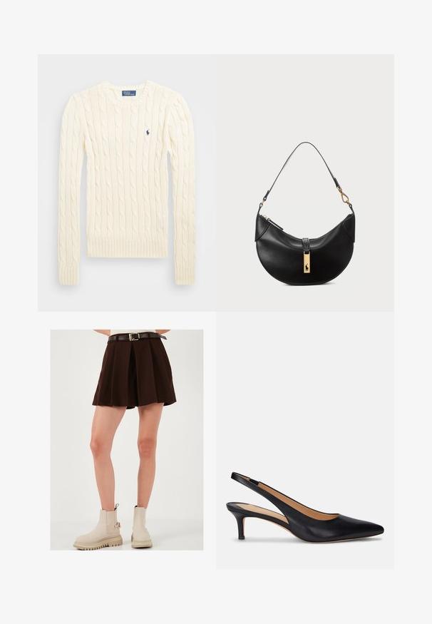 Cream cable-knit sweater with long sleeves, ribbed cuffs and hem, featuring a small embroidered logo on the left chest.; Brown pleated skirt with a fitted waistband and a contrasting brown belt featuring a gold buckle. Worn with beige ankle boots.; Black leather slingback pump with a pointed toe, low kitten heel, and smooth texture. Features an open back design and minimal stitching details.; Black leather handbag in a half-moon shape. Features a gold hardware accent and a narrow strap. Smooth texture, zipper closure at the top.