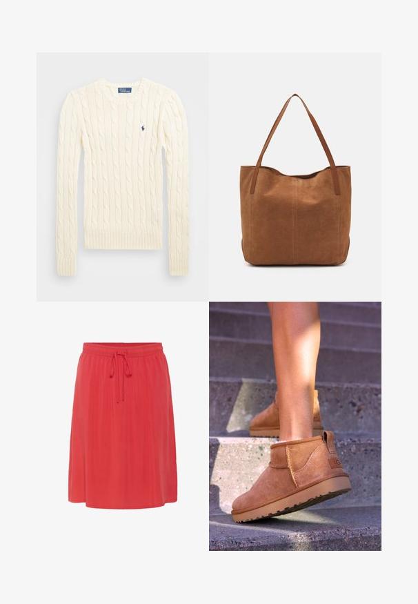 Krems krāsas adīts džempers ar garām piedurknēm, ribotām aprocēm un apakšmalu, ar nelielu izšūtu logotipu kreisajā krūtī.; Ceļa garuma, korall sarkana svārku ar mīkstu, plūstošu tekstūru. Aprīkots ar elastīgu jostu ar saites regulēšanai.; Dzeltenbrūnas zamšādas potīšu zābaciņi ar mīkstu tekstūru, izšūtu apdari un gumijas zoli, kas aprīkoti ar cilpu uz papēža ērtai uzvilkšanai.; Brūns zamša tote somas ar divām garām rokturiem, ar gludu tekstūru, vienkāršu dizainu un bez redzamām aparatūrām vai akcentiem.