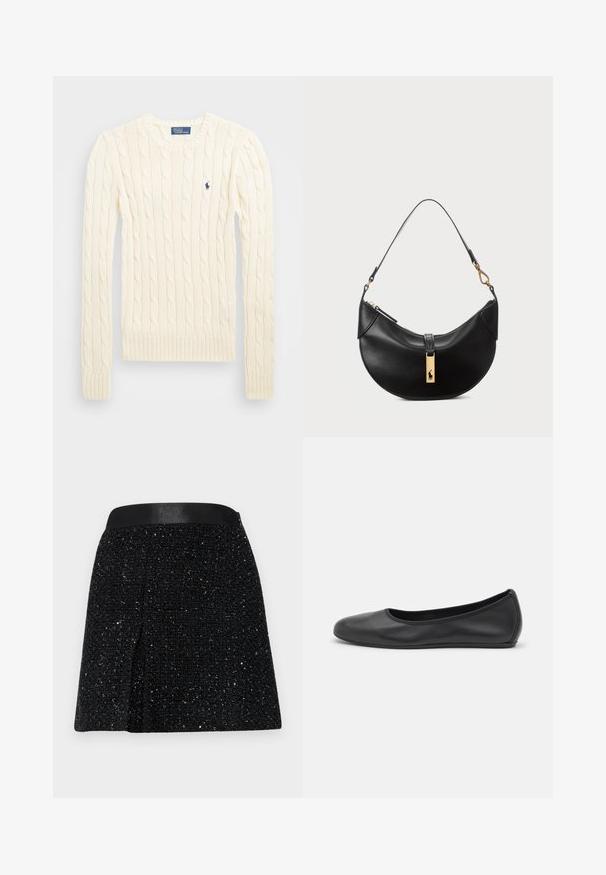 Krém színű, kabelmintás pulóver hosszú ujjal, bordás mandzsettával és aljjal, bal mellen egy kis hímzett logóval.; Fekete tweed szoknya texturált felülettel, bővülő formával és sima fekete derékrésszel. Finom fémszálak találhatók mindenhol.; Fekete bőr balettcipő lekerekített orral, sima tekstúrával, minimális varrással és rugalmas talp kialakítással.; Fekete bőr kézitáska félhold alakú formában. Aranyszínű fémrészekkel és keskeny pánttal rendelkezik. Simább felület, cipzáras záródás a tetején.