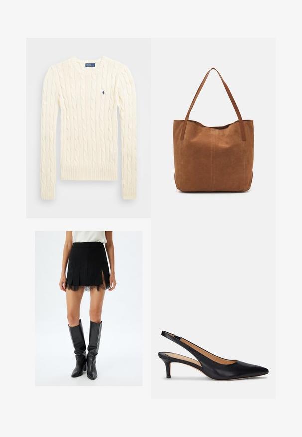 Kremowy sweter w splot kabelkowy z długimi rękawami, ściągaczami przy mankietach i u dołu, z małym haftowanym logo na lewej piersi.; Czarna mini spódnica z plisowaniem i koronkowym wykończeniem u dołu, z bocznymi rozcięciami. W połączeniu z czarnymi skórzanymi kozakami do kolan.; Czarne skórzane czółenka na słupku typu slingback z wąskim noskiem, niskim obcasem typu kitten heel i gładką fakturą. Posiadają odkryty tył oraz minimalne szczegóły wykończeniowe.; Brązowa zamszowa torba tote z dwoma długimi uchwytami, charakteryzująca się gładką teksturą, prostym wzornictwem oraz brakiem widocznych elementów metalowych czy akcentów.