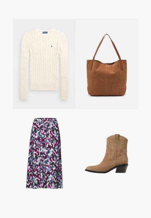 Maglione crema a costine con maniche lunghe, polsini e orlo a coste, caratterizzato da un piccolo logo ricamato sul lato sinistro del petto.; Una gonna leggermente al ginocchio con un motivo astratto colorato nei toni del viola, del teal e del nero. Realizzata in un tessuto leggero e testurizzato.; Stivale alla caviglia western in suede marrone con punta appuntita, design ricamato e tacco basso impilato nero. Dotato di linguette di pull per una facile calzatura.; Borsa a spalla in suede marrone con due manici lunghi, caratterizzata da una texture liscia, design semplice e senza hardware o dettagli visibili.