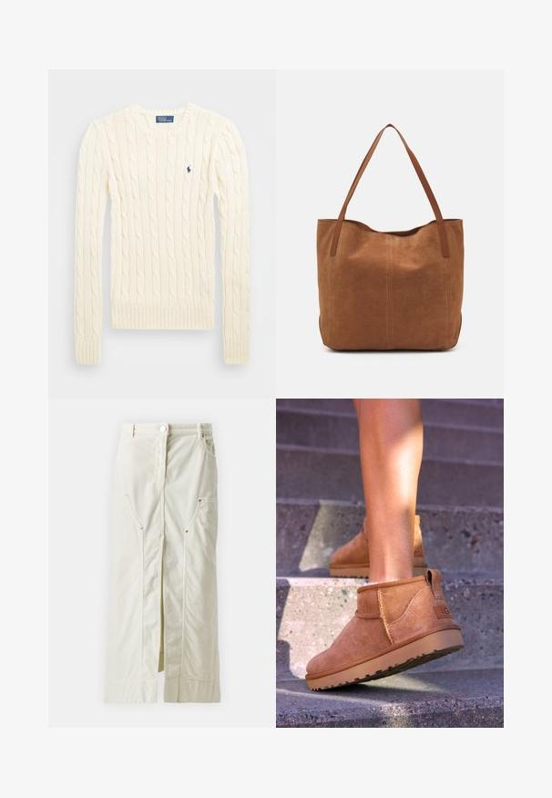 Maglione crema a costine con maniche lunghe, polsini e orlo a coste, caratterizzato da un piccolo logo ricamato sul lato sinistro del petto.; Gonna in corduroy beige chiaro con spacco frontale, due tasche laterali con bottoni a pressione e chiusura con bottone in vita.; Stivali alla caviglia in suede beige con una consistenza morbida, dettagli cuciti e suola in gomma, dotati di un tacco ad anello per una facile vestibilità.; Borsa a spalla in suede marrone con due manici lunghi, caratterizzata da una texture liscia, design semplice e senza hardware o dettagli visibili.