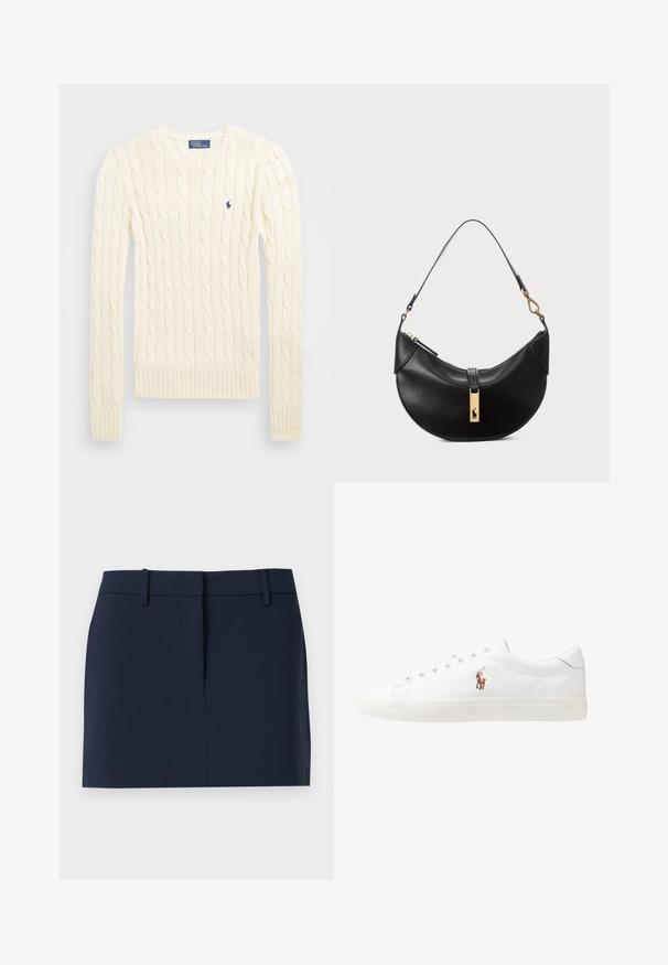 Kremowy sweter w splot kabelkowy z długimi rękawami, ściągaczami przy mankietach i u dołu, z małym haftowanym logo na lewej piersi.; Granatowa spódnica z gładkiego materiału, wyposażona w pas, z otwarciem z przodu i czystymi liniami, bez kieszeni i ozdób.; Białe skórzane sneakersy, niskoprofilowy design, charakteryzujące się gładką fakturą, okrągłym noskiem, sznurowanym przodem i małym haftowanym logo z boku.; Czarna skórzana torebka w kształcie półksiężyca. Ma złote akcenty i wąski pasek. Gładka tekstura, zamek błyskawiczny na górze.