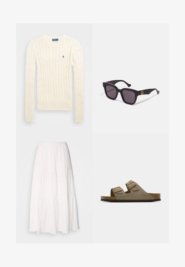 Maglione crema a costine con maniche lunghe, polsini e orlo a coste, caratterizzato da un piccolo logo ricamato sul lato sinistro del petto.; Gonna midi bianca a strati con cintura arricciata, realizzata in tessuto morbido e leggero, con una texture leggermente stropicciata.; Sandalo in suede color taupe chiaro con due fasce regolabili e hardware color oro rosa. Sottopiede in sughero su una suola marrone texturizzata. Design open-toe.; Occhiali da sole neri a forma quadrata con lenti scure, caratterizzati da accenti in oro sul lato e una finitura opaca. Design angolare per un aspetto audace.