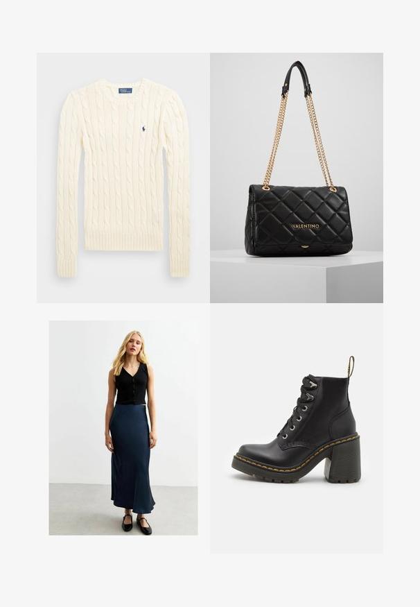 Crème kabelbreiselsweater met lange mouwen, geribbelde manchetten en zoom, met een klein geborduurd logo op de linkerkant van de borst.; Zwarte geribbelde knoop Crop Top en een marineblauwe satijnen maxi-rok. De rok heeft een gladde glans en een uitlopende zoom, gecombineerd met zwarte platte schoenen.; Zwarte leren enkelboot met een dikke hoge hak, vetersluiting aan de voorkant, metalen oogjes en gele stiksels langs de zool. Getextureerde rubberen zool.; Zwarte gewatteerde leren handtas met een gouden kettingband en logo-detail. Rechthoekige vorm, zachte textuur, met een klep sluiting.