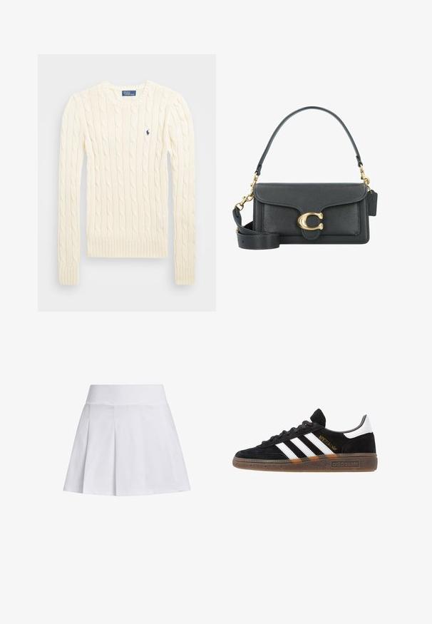 Maglione crema a costine con maniche lunghe, polsini e orlo a coste, caratterizzato da un piccolo logo ricamato sul lato sinistro del petto.; Gonna bianca a plissettature con una cintura liscia e un tessuto leggero e fluido, progettata per il comfort e il movimento facile.; Sneaker Adidas nere con strisce bianche, testo "Spezial" dorato, suola in gomma e tab sul tallone bianco, mostrato in veduta laterale.; Borsa a tracolla in pelle nera con accessori in metallo dorato, dotata di una chiusura distintiva, di una tracolla rimovibile e di una superficie texturizzata.