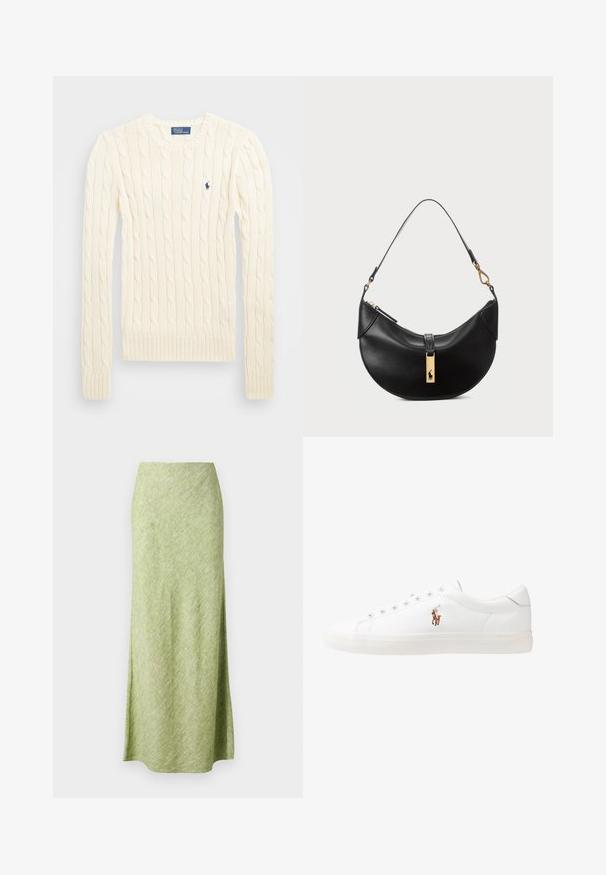 Cremefarbener kabelgehäkelter Pullover mit langen Ärmeln, gerippten Bündchen und Saum, mit einem kleinen gestickten Logo auf der linken Brust.; Samsøe Samsøe SAAGNETA LONG SKIRT - Maxirock - peridot mel; Weiße Leder-Sneaker, niedrig geschnitten, mit glatter Textur, runder Zehenpartie, Schnür vorne und kleinem gesticktem Logo an der Seite.; Schwarze Lederhandtasche in Halbmondform. Verfügt über eine goldene Hardware-Akzentuierung und einen schmalen Tragegurt. Sanfte Textur, Reißverschlussverschluss an der Oberseite.