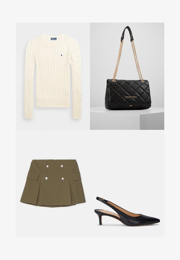 Crème kabelbreiselsweater met lange mouwen, geribbelde manchetten en zoom, met een klein geborduurd logo op de linkerkant van de borst.; Olijfgroene mini-jurk gemaakt van gestructureerde stof, met dubbele zilveren knoopaccenten en zijzakken met geplooid ontwerp.; Zwarte leren slingback pump met een spitse neus, lage kittenhak en een gladde textuur. Heeft een open achterkant en minimale stikseldetails.; Zwarte gewatteerde leren handtas met een gouden kettingband en logo-detail. Rechthoekige vorm, zachte textuur, met een klep sluiting.
