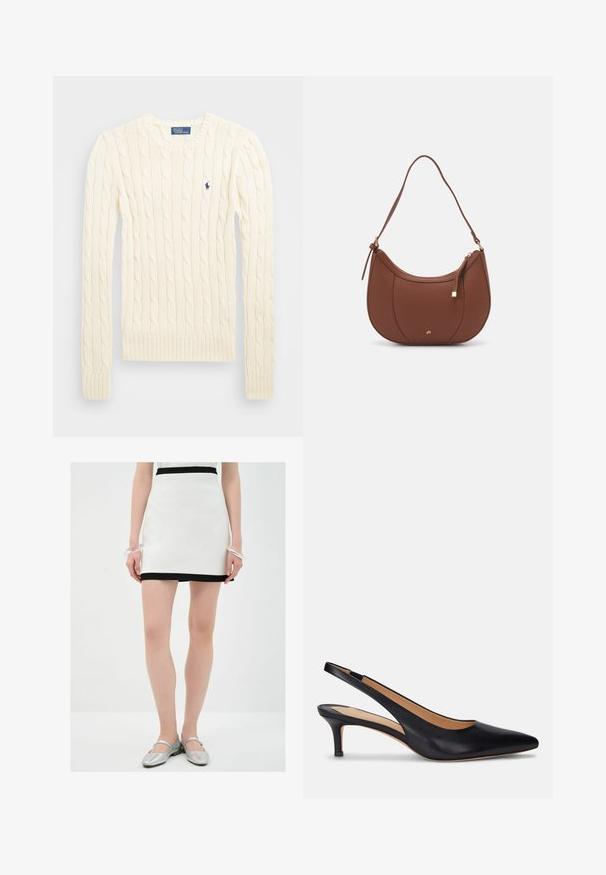Cremefarbener kabelgehäkelter Pullover mit langen Ärmeln, gerippten Bündchen und Saum, mit einem kleinen gestickten Logo auf der linken Brust.; Weißer Minirock mit schwarzem Saum, aus glattem Material. Das Model trägt silberne Ballerinas und ein durchsichtiger Armreif an einem Handgelenk.; Schwarzer Leder Slingback-Pump mit spitzer Zehenform, niedrigem Kitten-Absatz und glatter Oberfläche. Verfügt über ein offenes Rückendesign und minimale Nahtdetails.; Braune Kunstleder-Schultertasche mit geschwungener Form, minimaler Naht und goldfarbener Hardware-Akzent. Verfügt über einen oberen Reißverschluss und einen verstellbaren Trageriemen.