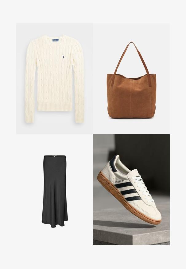 Krém színű, kabelmintás pulóver hosszú ujjal, bordás mandzsettával és aljjal, bal mellen egy kis hímzett logóval.; Fekete midi szoknya sima anyagból, áramló A-vonalú designnal, egyszínű, és finom textúrával az egész felületen.; Fehér velúr sneaker tengerészkék csíkokkal, gumitalppal, textúrált felső résszel, kerek orral és fűzős kialakítással; a cipő oldalán és a nyelvén logó található.; Barna velúr táska két hosszú fogantyúval, sima textúrával, egyszerű dizájnnal, és látható fém részek vagy díszítés nélkül.; Arany téglalap alakú óra fehér számlappal, minimalista órák jelölőkkel és fém hálós szíjjal. Oldalsó korona található az idő beállításához.
