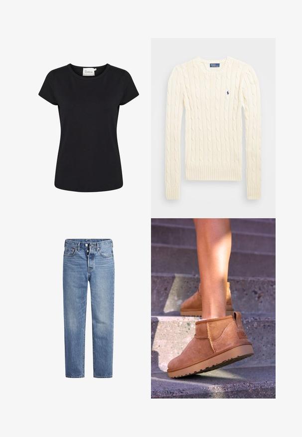 Krems krāsas adīts džempers ar garām piedurknēm, ribotām aprocēm un apakšmalu, ar nelielu izšūtu logotipu kreisajā krūtī.; Melns īsām piedurknēm t-krekls, izgatavots no gludas kokvilnas auduma. Tam ir apaļš apkakles izgriezums un pieguļoša fasona. Nav rakstainu vai papildu detaļu.; Gaiši zila džinsu bikses ar taisnu griezumu, piecu kabatu dizainu un poga aizdari. Iespējamas nelielas izbalēšanas un apelsīnu diegu akcenti.; Dzeltenbrūnas zamšādas potīšu zābaciņi ar mīkstu tekstūru, izšūtu apdari un gumijas zoli, kas aprīkoti ar cilpu uz papēža ērtai uzvilkšanai.