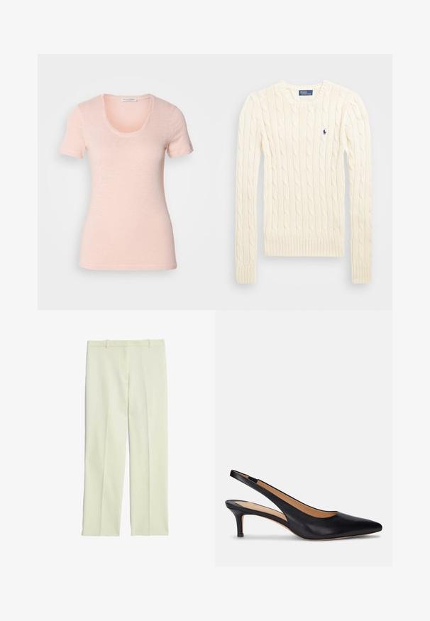 Krémový svetr s pleteným vzorem, dlouhými rukávy, žebrovanými manžetami a lemem, se malým vyšívaným logem na levé hrudi.; Tričko s krátkým rukávem a kulatým výstřihem v světle růžové barvě. Vyrobeno z měkké strukturované tkaniny s volným střihem a čistými švy.; Krémové rafinované kalhoty se střihovými nohavicemi, s plochým předním dílem, poutky na opasek a hladkým povrchem.; Černé kožené lodičky na slingback s špičatou špičkou, nízkým jehlovým podpatkem a hladkým povrchem. Má otevřenou zadní část a minimální švy.