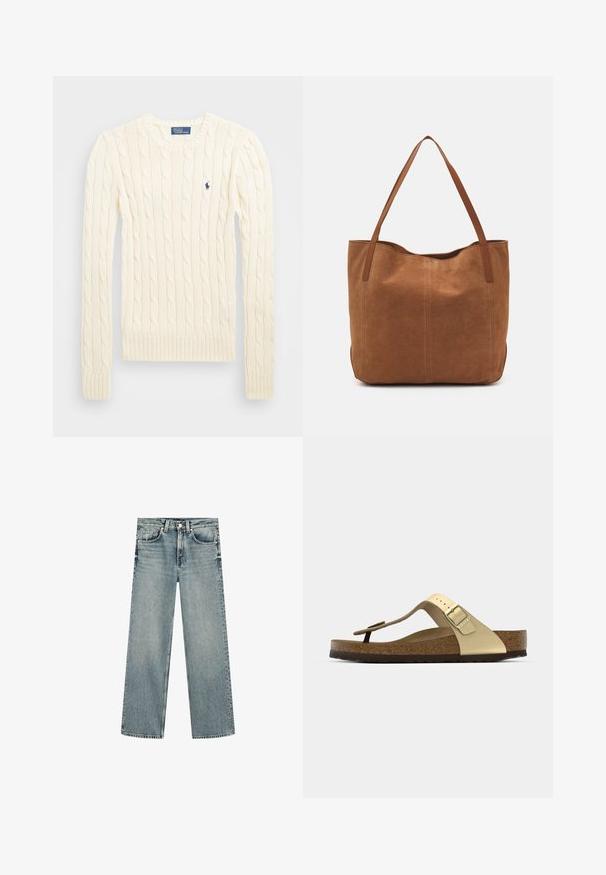 Crème kabelbreiselsweater met lange mouwen, geribbelde manchetten en zoom, met een klein geborduurd logo op de linkerkant van de borst.; Lichtblauwe rechte jeans van denim, met een knoop- en ritssluiting, vijf zakken en onafgewerkte zoom.; Kork voetbed sandaal in lichtgoud met een teenband ontwerp en een verstelbare gesp. Voorzien van een getextureerde zool voor grip. Neutraal kleurenpalet.; Bruine suède shoppers met twee lange handvatten, met een gladde textuur, eenvoudig ontwerp en zonder zichtbare hardware of accenten.