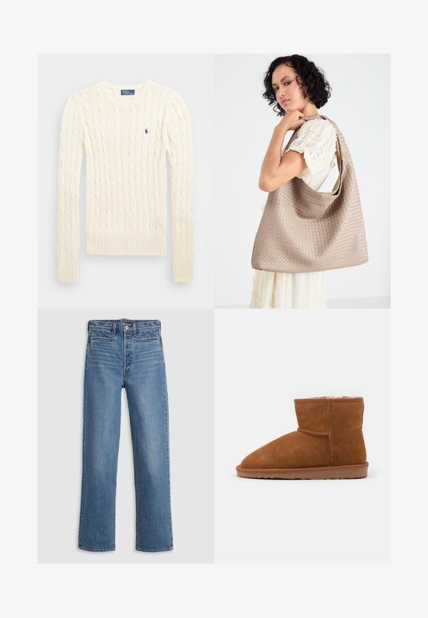 Cremefarvet kabelstrikket sweater med lange ærmer, ribbede manchetter og kant, med et lille broderet logo på venstre bryst.; Lys blå, lige ben jeans lavet af denim. Funktioner inkluderer en knaplukning, fem lommer og diskret slid. Ingen udsmykninger eller mønstre.; Brune ruskind ankelstøvle med en afrundet tå og blød foring, der har en flad gummisål og minimale syninger.; Vævet beige tote taske med et afslappet design og en enkelt skulderrem. Har et struktureret mønster over hele overfladen.; Gennemsigtig akrylhårklipper med en subtil iriserende glans. Rund form med seks buede tænder for et sikkert greb om håret.