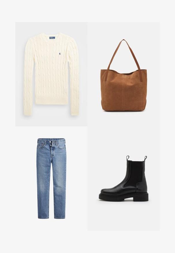 Pulover crem tricotat cu cablu, cu mâneci lungi, manșete și tiv ribdate, având un mic logo brodat pe pieptul stâng.; Jeans din denim de un albastru deschis, cu croi drept, design cu cinci buzunare și închidere cu buton. Prezintă decolorări subtile și cusături accentuate de culoare portocalie.; Bocanci negri din piele pentru gleznă, cu panouri laterale elastice și bucle de prindere, având un toc masiv negru și un finisaj neted.; Geantă tote din suede maro, cu două mânere lungi, caracterizată printr-o textură netedă, un design simplu și fără accesorii sau elemente metalice vizibile.