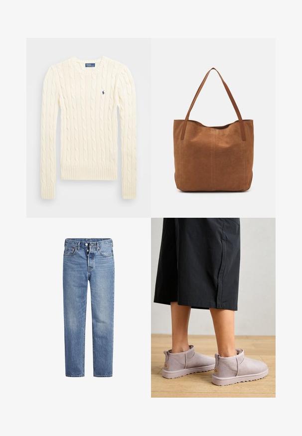 Pulover crem tricotat cu cablu, cu mâneci lungi, manșete și tiv ribdate, având un mic logo brodat pe pieptul stâng.; Jeans din denim de un albastru deschis, cu croi drept, design cu cinci buzunare și închidere cu buton. Prezintă decolorări subtile și cusături accentuate de culoare portocalie.; Cizme de gleznă din suede gri cu o textură moale, dotate cu un tab la spate și o talpă din cauciuc de culoare deschisă. Purtați cu pantaloni negri, până la genunchi.; Geantă tote din suede maro, cu două mânere lungi, caracterizată printr-o textură netedă, un design simplu și fără accesorii sau elemente metalice vizibile.