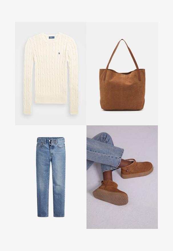 Maglione crema a costine con maniche lunghe, polsini e orlo a coste, caratterizzato da un piccolo logo ricamato sul lato sinistro del petto.; Jeans in denim blu chiaro con taglio dritto, design a cinque tasche e chiusura con bottone. Presentano una leggera sbiaditura e dettagli in cucitura arancione.; Stivaletti alla caviglia in suede marrone con una fodera morbida, punta arrotondata e una suola in gomma leggermente spessa con un motivo a spina di pesce.; Borsa a spalla in suede marrone con due manici lunghi, caratterizzata da una texture liscia, design semplice e senza hardware o dettagli visibili.