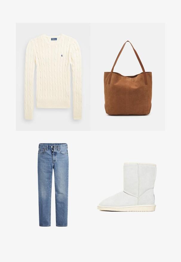 Suéter crema de punto trenzado con manga larga, puños y dobladillo acanalados, que presenta un pequeño logo bordado en el lado izquierdo del pecho.; Jeans de mezclilla azul claros con corte recto, diseño de cinco bolsillos y cierre de botón. Presentan un ligero desvanecimiento y acentos de costura en naranja.; Botín de ante en blanco con punta redondeada, textura suave, forro interior en contraste y suela plana de goma con agarre texturizado.; Bolso tote de ante marrón con dos asas largas, que presenta una textura suave, un diseño simple y sin herrajes ni acentos visibles.