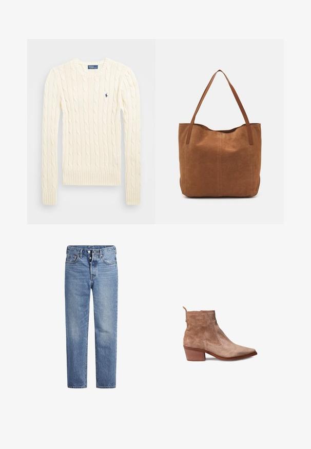 Krémový svetr s pleteným vzorem, dlouhými rukávy, žebrovanými manžetami a lemem, se malým vyšívaným logem na levé hrudi.; Světle modré džíny s rovný střih, designem s pěti kapsami a knoflíkovým zapínáním. Mají jemné vyblednutí a oranžové prošití.; Hnědé semišové kotníkové boty s špičatou špičkou a podpatkem na klíč. Obsahují boční švy, poutko na zadní straně a hladkou koženou podrážku.; Hnědá semišová taška s dvěma dlouhými uchy, se hladkým povrchem, jednoduchým designem a bez viditelného kování nebo dekorací.