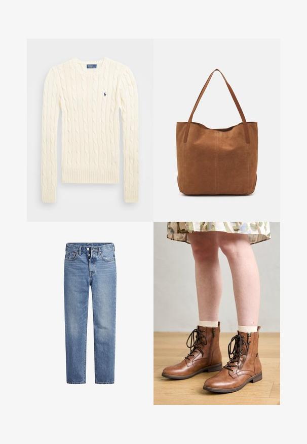 Kremowy sweter w splot kabelkowy z długimi rękawami, ściągaczami przy mankietach i u dołu, z małym haftowanym logo na lewej piersi.; Jasnoniebieskie jeansy denimowe o prostym kroju, z pięcioma kieszeniami i zapięciem na guziki. Charakteryzują się delikatnym wyblaknięciem oraz pomarańczowymi przeszyciami.; Brązowe skórzane botki za kostkę z detalami w postaci sznurowadeł i zamka. Posiadają okrągły nosek i niski obcas, zestawione z kremowymi skarpetkami i kwiatową spódnicą.; Brązowa zamszowa torba tote z dwoma długimi uchwytami, charakteryzująca się gładką teksturą, prostym wzornictwem oraz brakiem widocznych elementów metalowych czy akcentów.