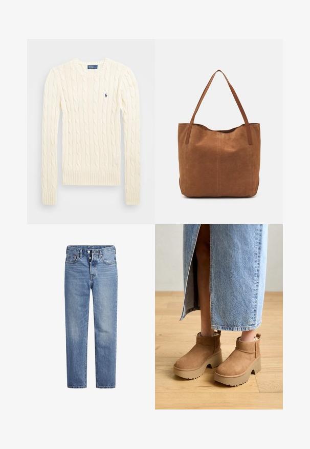 Kremfarget cable-knit genser med lange ermer, ribbede mansjetter og hem, med en liten brodert logo på venstre bryst.; Lyseblå denimjeans med rett snitt, fem-lomme design og knappeåpning. Har subtile falminger og oransje sømdetaljer.; Brune suède ankelstøvler med en tyk beige platformsåle. Har en rund tå, kort manchet og en blød foring for komfort.; Brun semsketotebag med to lange håndtak, som har en glatt tekstur, enkelt design, og ingen synlig maskinvare eller aksenter.