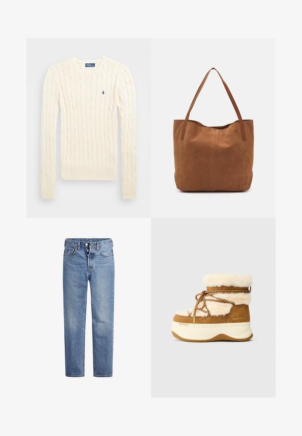Cream cable-knit sweater with long sleeves, ribbed cuffs and hem, featuring a small embroidered logo on the left chest.; Light blue denim jeans with a straight cut, five-pocket design, and a button fly. Features subtle fading and orange stitching accents.; Brown suede ankle boot with cream faux fur trim, textured upper, contrasting brown laces, and thick white platform sole with a tan bottom.; Brown suede tote bag with two long handles, featuring a smooth texture, simple design, and no visible hardware or accents.