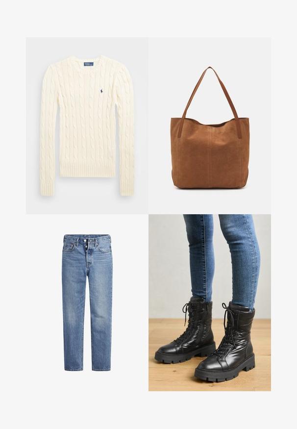 Krämfärgad kabelstickad tröja med långa ärmar, ribbade cuffs och nederkant, med en liten broderad logotyp på vänster bröst.; Ljusblå denimjeans med rak skärning, femfickorsdesign och knäppning med knapp. Har subtila blekningar och orangea sömnadsdetaljer.; Svarta stridstövlar i midikalvslängd, tillverkade av slät läder med snörning, vadderade sidor och en tjock, robust sula. Utformade med en strukturerad form.; Brun mockaskinn tote bag med två långa handtag, med en slät yta, enkelt design och utan synlig hårdvara eller detaljer.
