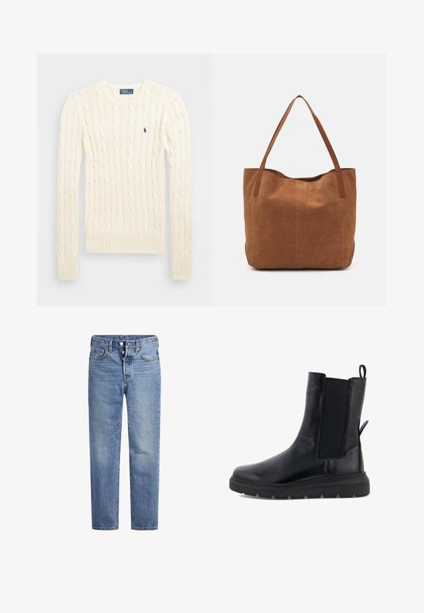 Maglione crema a costine con maniche lunghe, polsini e orlo a coste, caratterizzato da un piccolo logo ricamato sul lato sinistro del petto.; Jeans in denim blu chiaro con taglio dritto, design a cinque tasche e chiusura con bottone. Presentano una leggera sbiaditura e dettagli in cucitura arancione.; Stivaletto nero realizzato in pelle liscia con pannelli elasticizzati sui lati, un tassello sul retro e una suola in gomma spessa.; Borsa a spalla in suede marrone con due manici lunghi, caratterizzata da una texture liscia, design semplice e senza hardware o dettagli visibili.