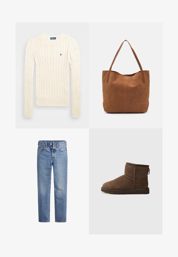Pull en maille torsadée crème avec manches longues, poignets et ourlet côtelés, présentant un petit logo brodé sur la poitrine gauche.; Jeans en denim bleu clair avec une coupe droite, un design à cinq poches et un bouton pression. Présentent une légère décoloration et des coutures orange en accent.; UGG CLASSIC MINI II - Bottes de neige - dusted cocoa; Sac fourre-tout en suede marron avec deux longues poignées, présentant une texture lisse, un design simple, et sans matériel ni accents visibles.