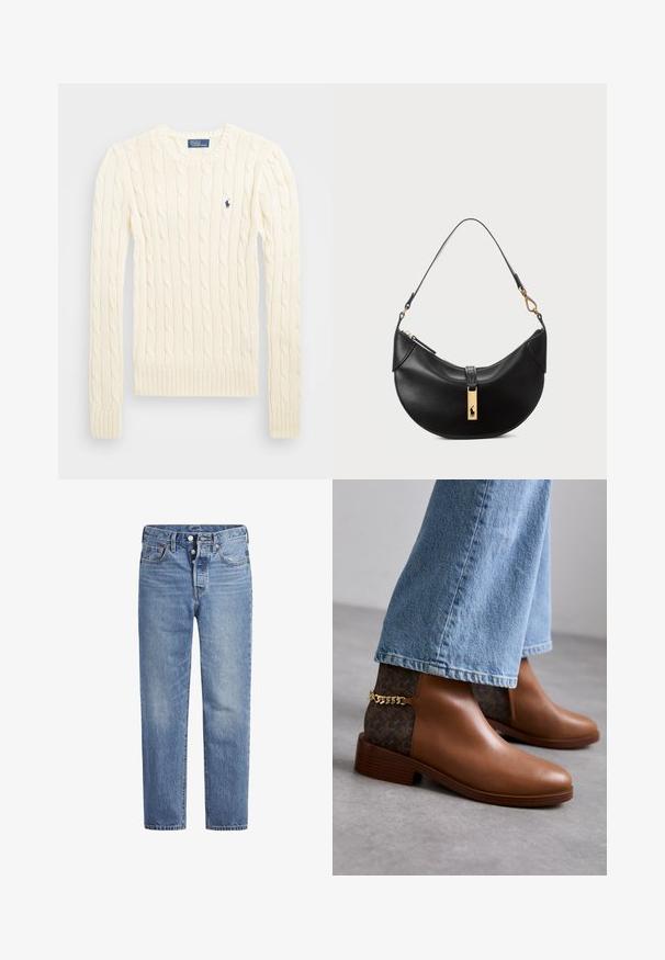 Maglione crema a costine con maniche lunghe, polsini e orlo a coste, caratterizzato da un piccolo logo ricamato sul lato sinistro del petto.; Jeans in denim blu chiaro con taglio dritto, design a cinque tasche e chiusura con bottone. Presentano una leggera sbiaditura e dettagli in cucitura arancione.; Stivaletti in pelle marrone con una finitura liscia, caratterizzati da un pannello laterale a motivi in marrone scuro e un accento di catena dorata sul tacco.; Borsa a tracolla nera in pelle a forma di mezzaluna. Presenta un accento in metallo dorato e una tracolla sottile. Tessuto liscio, chiusura a cerniera nella parte superiore.